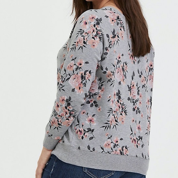 Torrid HeatherGrey Floral Fleece Raglan Sweatshirt - Picture 3 of 10